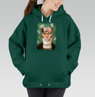 Кот в образе Фриды Кало с цветочным венком - Зеленые худи оверсайз 💚 купить в Москве | Худи женские оверсайз зеленого цвета с принтами и надписями в интернет-магазине Maryjane по лучшей цене
