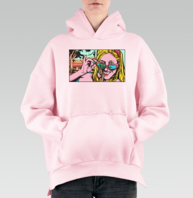 Игривый взгляд с очками-сердечками и инопланетянами - Hoodie Mjhigh Pink, утепленная