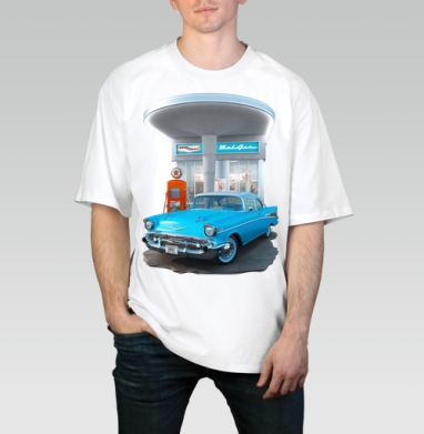 Chevrolet Bel Air / Шевроле Бел Эйр, Футболка / Мужчинам / Оверсайз / Белая / C принтом
