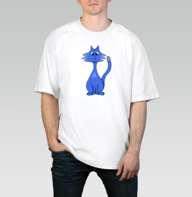 Blue cat / Синий кот, Футболка / Мужчинам / Оверсайз / Белая / C принтом