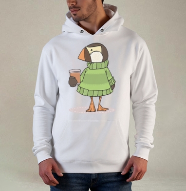 Уютный игрушечный пингвин с кофе, Толстовка белая Regular, утепленная
