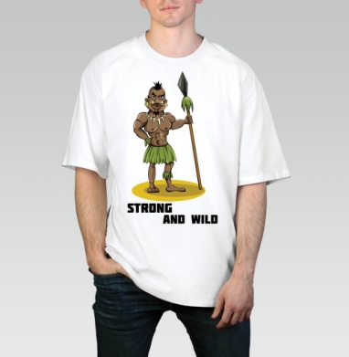 Strong and wild / Сильный и дикий смешной мультяшный воин абориген, Футболка / Мужчинам / Оверсайз / Белая / C принтом