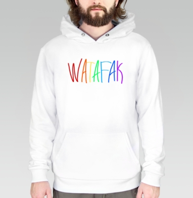 Яркая радужная надпись Watafak на сером фоне привлекает внимание, Толстовка белая Regular, утепленная