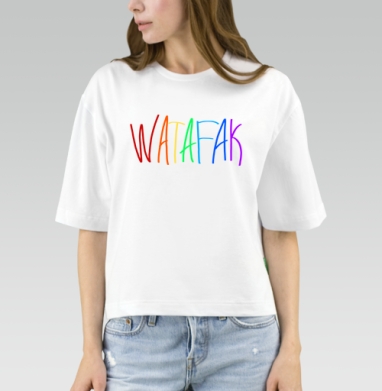 Яркая радужная надпись Watafak на сером фоне привлекает внимание, Футболка женская оверсайз Mido
