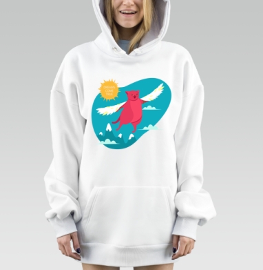 Розовый кот с белыми крыльями и надписью Мечты сбываются, Hoodie Mjhigh Dig, оверсайз, утепленная