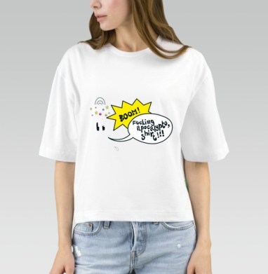 Эмоциональный взрыв в стиле поп-арт с надписью BOOM shirt, Футболка женская оверсайз Mido