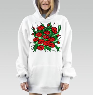 Красные маки на зелёном фоне нейрографика стиль, Hoodie Mjhigh Dig, оверсайз, утепленная