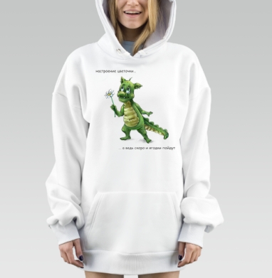 Забавный зеленый дракон с цветком и надписью настроение цветочки, Hoodie Mjhigh Dig, оверсайз, утепленная