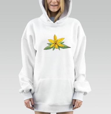 Желтый цветок иланг-иланг зеленые листья голубой фон, Hoodie Mjhigh Dig, оверсайз, утепленная