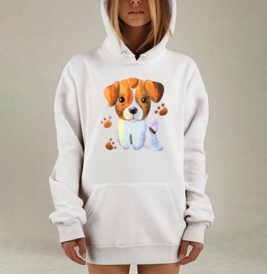 Милый щенок коричнево белый лапки, Hoodie Mjhigh Dig, оверсайз, утепленная