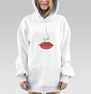 Красные губы контур лица минималистичный стиль, Hoodie Mjhigh Dig, оверсайз, утепленная
