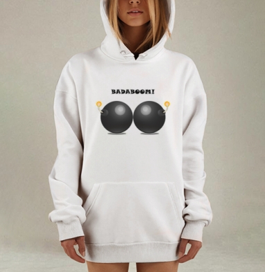 Черные боевые бомбы с надписью BADABOOM на белом фоне, Hoodie Mjhigh Dig, оверсайз, утепленная