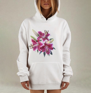 Ярко розовые лилии с белыми лепестками и зелеными листьями, Hoodie Mjhigh Dig, оверсайз, утепленная