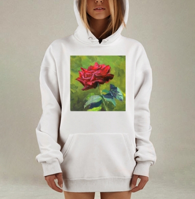 Красная роза в зелёной естественной среде живописи темперой, Hoodie Mjhigh Dig, оверсайз, утепленная