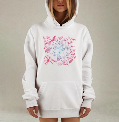 Нежные цветы бабочки плавный переход мягкие тона, Hoodie Mjhigh Dig, оверсайз, утепленная
