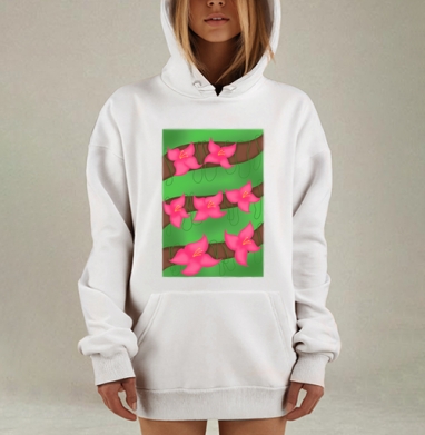 Розовые цветы на ветвях с зелеными листьями, Hoodie Mjhigh Dig, оверсайз, утепленная