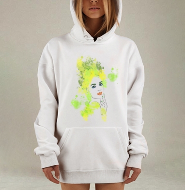 Женское лицо зелёные акварельные мазки и брызги, Hoodie Mjhigh Dig, оверсайз, утепленная
