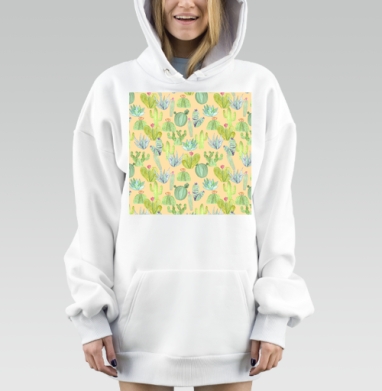 Акварельные зелёные кактусы на светлом песчаном фоне, Hoodie Mjhigh Dig, оверсайз, утепленная