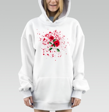Красные цветы зелёные листья на фоне красных пятен, Hoodie Mjhigh Dig, оверсайз, утепленная