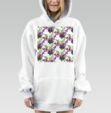 Осенние ягоды на ветках с листьями на сером фоне, Hoodie Mjhigh Dig, оверсайз, утепленная