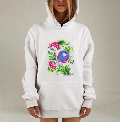 Калина с цветами в народном стиле стилизация старинного вида живописи, Hoodie Mjhigh Dig, оверсайз, утепленная
