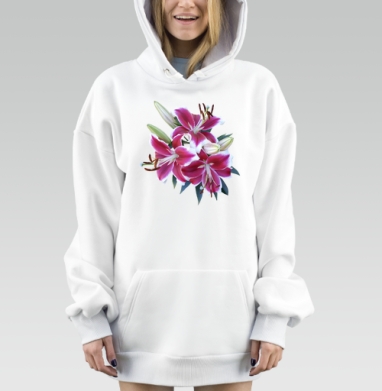Яркие розовые лилии с зелёными листьями на белом фоне, Hoodie Mjhigh Dig, оверсайз, утепленная