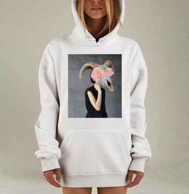 Мистика череп с цветами на фоне сером, Hoodie Mjhigh Dig, оверсайз, утепленная
