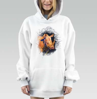 Цифровой носорог синий жёлтый оранжевый живой энергичный, Hoodie Mjhigh Dig, оверсайз, утепленная