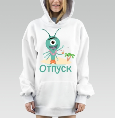 Весёлый зелёный циклоп отдыхает на острове под пальмой в отпуск, Hoodie Mjhigh Dig, оверсайз, утепленная