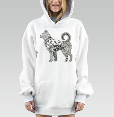 Медитативная орнаментальная собака в графике Черно белая, Hoodie Mjhigh Dig, оверсайз, утепленная