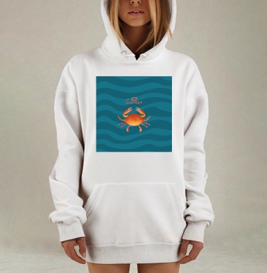 Оранжевый краб символ зодиака Рак волны, Hoodie Mjhigh Dig, оверсайз, утепленная