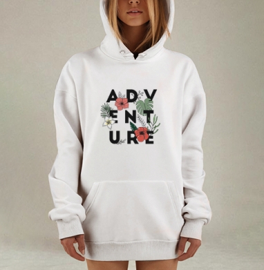 Черное слово ADVENTURE с тропическими цветами и листьями для вдохновения, Hoodie Mjhigh Dig, оверсайз, утепленная