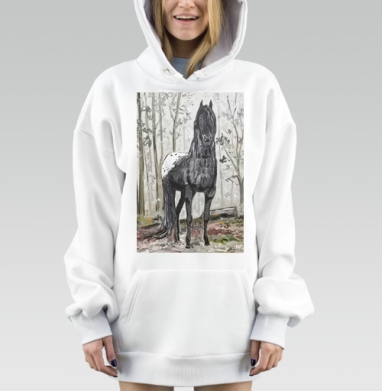 Черно белый конь в лесу появляется исчезает, Hoodie Mjhigh Dig, оверсайз, утепленная