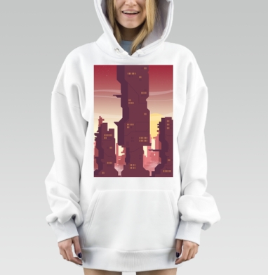 Закат над футуристическими городскими зданиями в пурпурных тонах, Hoodie Mjhigh Dig, оверсайз, утепленная