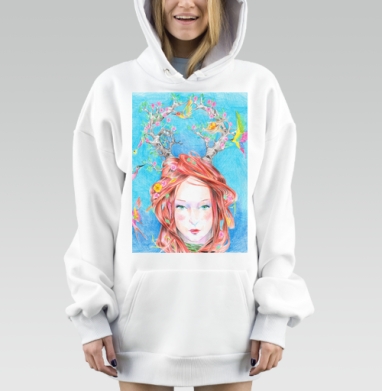 Весенняя девушка с птицами и цветами на голове, Hoodie Mjhigh Dig, оверсайз, утепленная