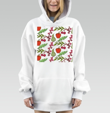 Ягоды груши яблоки зелень серая основа, Hoodie Mjhigh Dig, оверсайз, утепленная