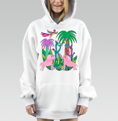 Розовые слоны птицы пальмы на салатовом фоне, Hoodie Mjhigh Dig, оверсайз, утепленная