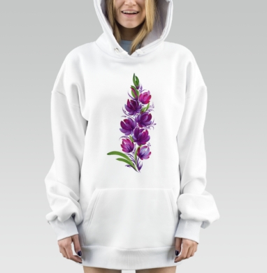 Градиентные фиолетовые цветы с зелеными листьями на белом фоне, Hoodie Mjhigh Dig, оверсайз, утепленная
