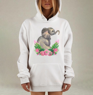 Нежный молодой слон с цветами розовыми листьями, Hoodie Mjhigh Dig, оверсайз, утепленная