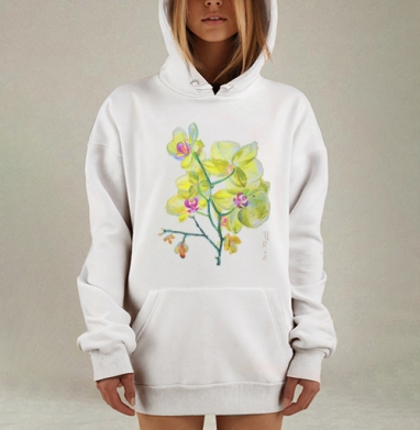 Нежная ветка орхидеи с лимонно-жёлтыми цветами и подписью автора, Hoodie Mjhigh Dig, оверсайз, утепленная