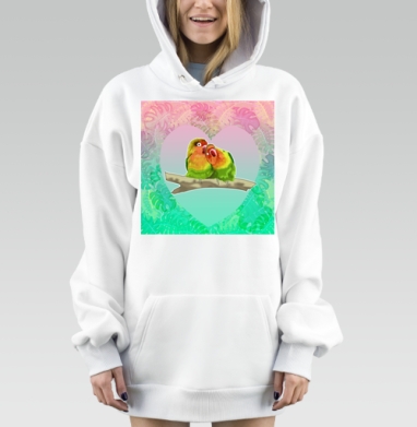 Зеленые попугайчики в любви на ветке нежной атмосферы, Hoodie Mjhigh Dig, оверсайз, утепленная