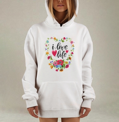 Любовь и жизнь с цветами в сердце, Hoodie Mjhigh Dig, оверсайз, утепленная