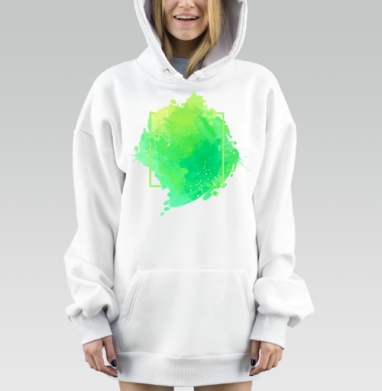Яркая зелёная акварель с геометрической рамкой и эффектом распыления, Hoodie Mjhigh Dig, оверсайз, утепленная