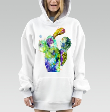 Акварельный кактус с яркими цветами и живой текстурой, Hoodie Mjhigh Dig, оверсайз, утепленная