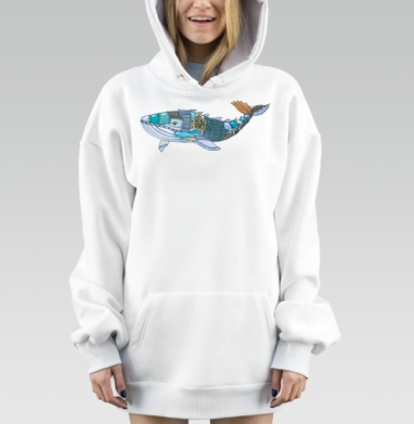 Акварельный механический кит в холодных оттенках с узорами, Hoodie Mjhigh Dig, оверсайз, утепленная