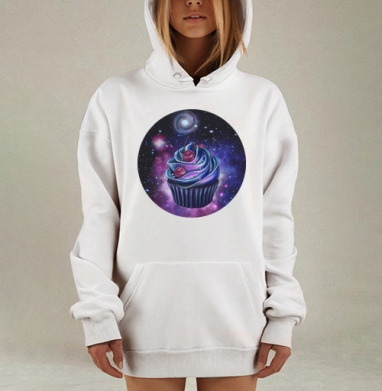 Космический капкейк с вишней на фоне звездного неба, Hoodie Mjhigh Dig, оверсайз, утепленная