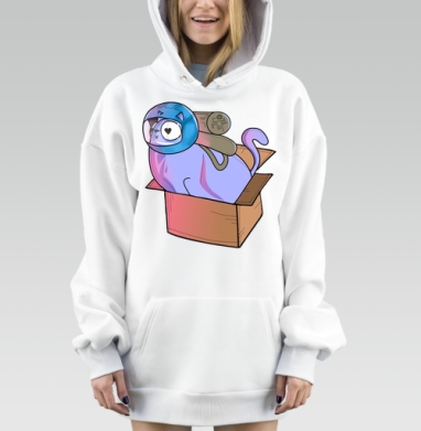 Кот в шлеме летящий спасать мир на коробке, Hoodie Mjhigh Dig, оверсайз, утепленная