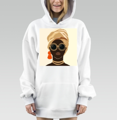 Женщина в тюрбане с очками и серьгами стильный современный образ, Hoodie Mjhigh Dig, оверсайз, утепленная