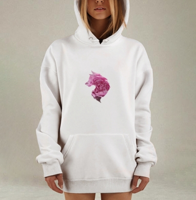 Розовый силуэт волка с пионовым цветком, Hoodie Mjhigh Dig, оверсайз, утепленная