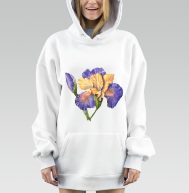 Сиреневый ирис с желтыми лепестками акварель, Hoodie Mjhigh Dig, оверсайз, утепленная
